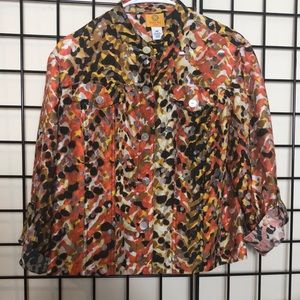 Ruby Rd Autumn Colors BurnOut Jacket Rollup Sleeves Shell Buttons Pockets Sz 14P